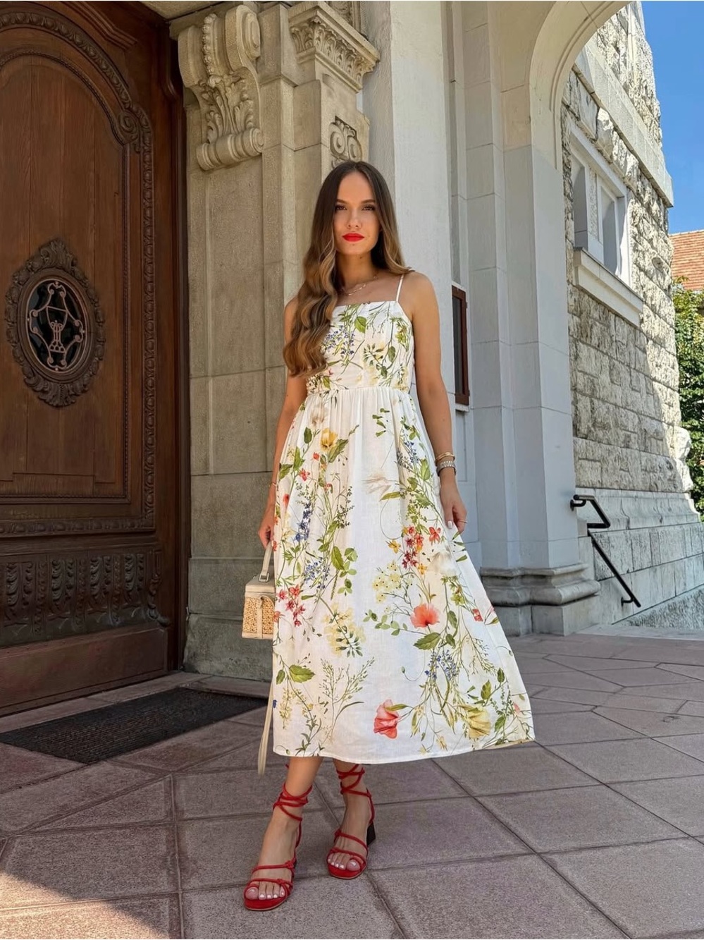 H&M Linen Blend Botanical Floral Ivory Midi Dress Cotton Lined XL Feminine Soft